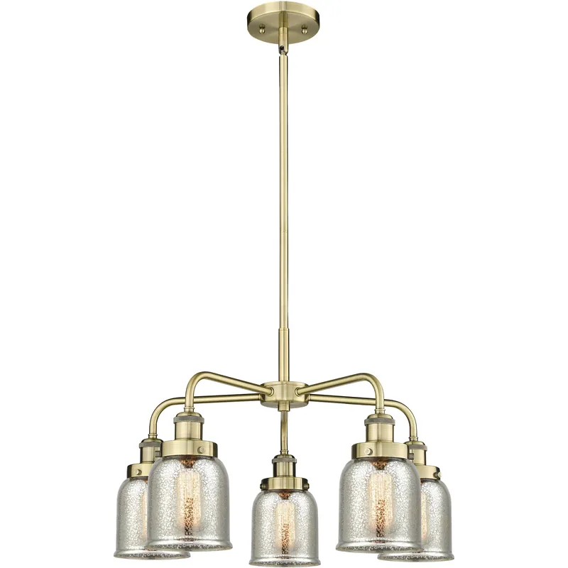 Bell 5 Light 23 inch Antique Brass Chandelier Ceiling Light in Silver Plated Mercury Glass