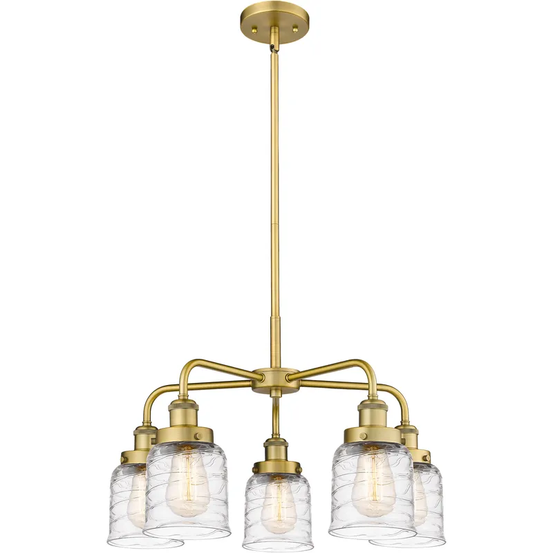 Bell 5 Light 23 inch Brushed Brass Chandelier Ceiling Light in Clear Deco Swirl Glass