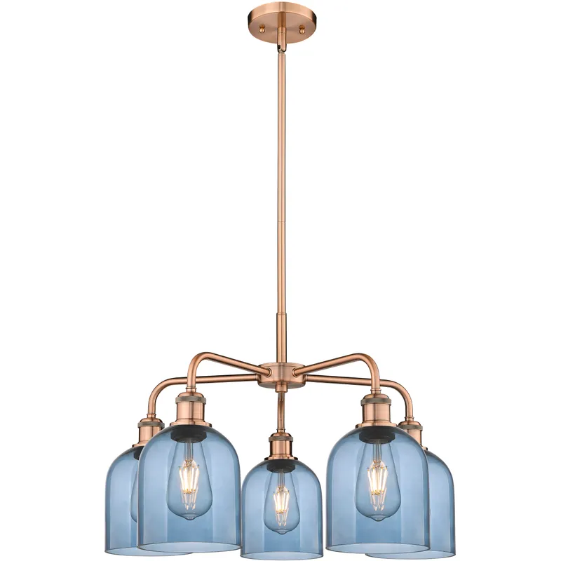 Ballston Bella 5 Light 23.5 inch Antique Copper Stem Hung Chandelier Ceiling Light in Princess Blue Glass