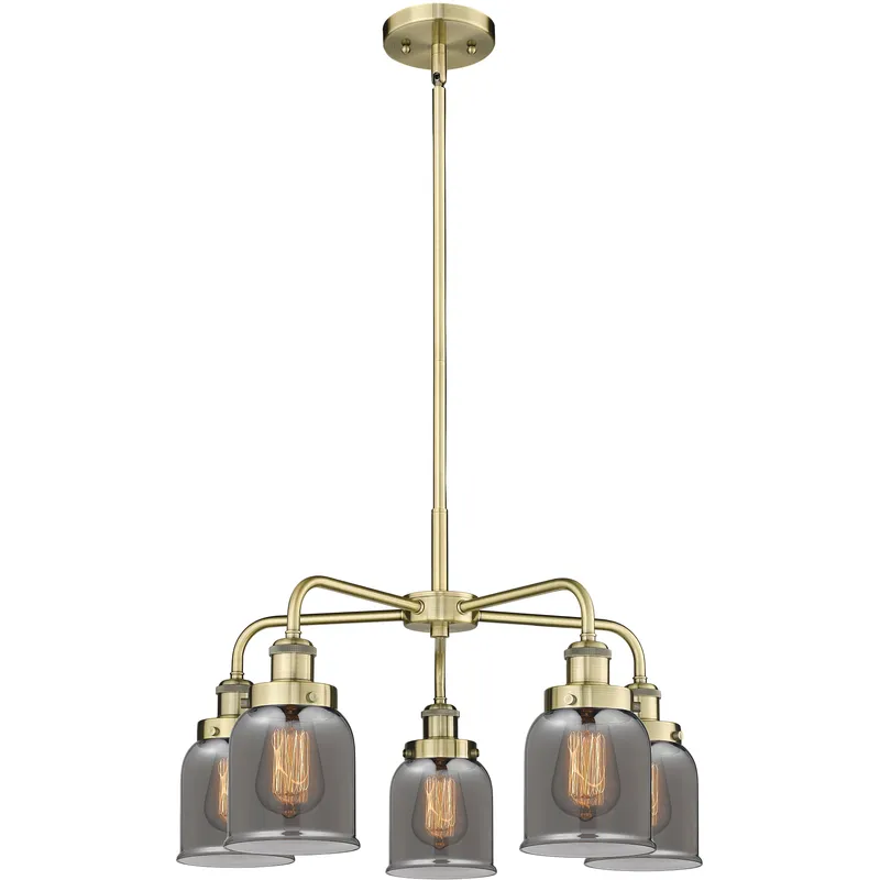 Bell 5 Light 23 inch Antique Brass Chandelier Ceiling Light in Light Smoke Glass