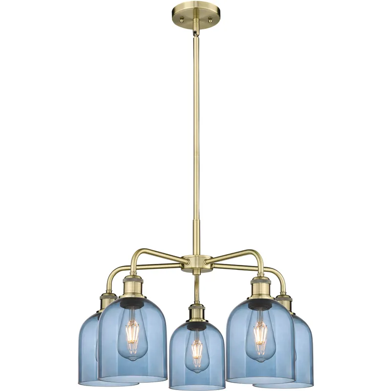 Ballston Bella 5 Light 23.5 inch Antique Brass Stem Hung Chandelier Ceiling Light in Princess Blue Glass
