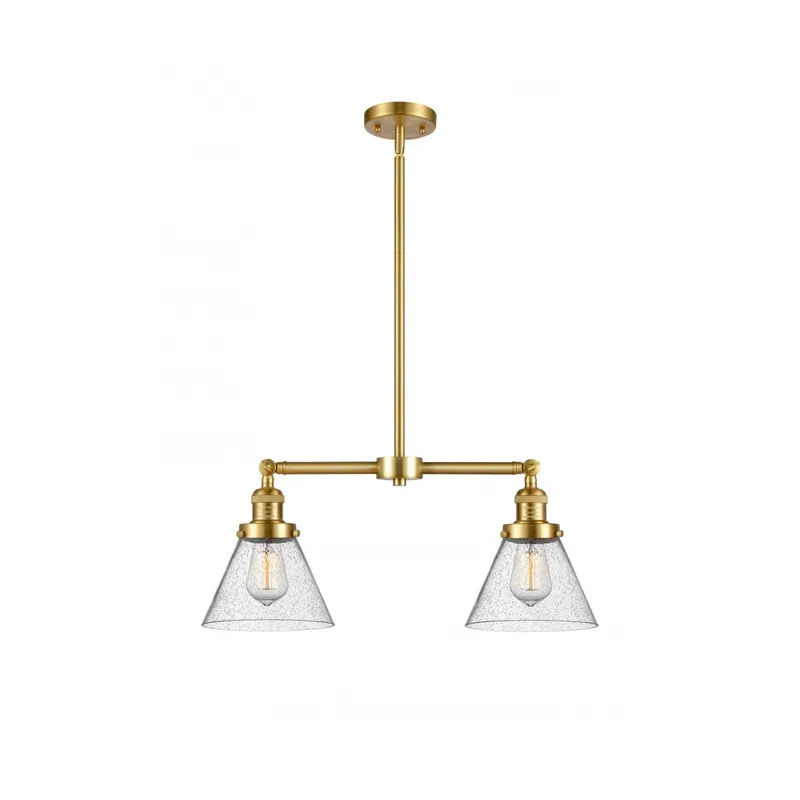 Franklin Restoration Large Cone 2 Light 21 inch Satin Gold Island Light Ceiling Light in Seedy Glass, Franklin Restoration