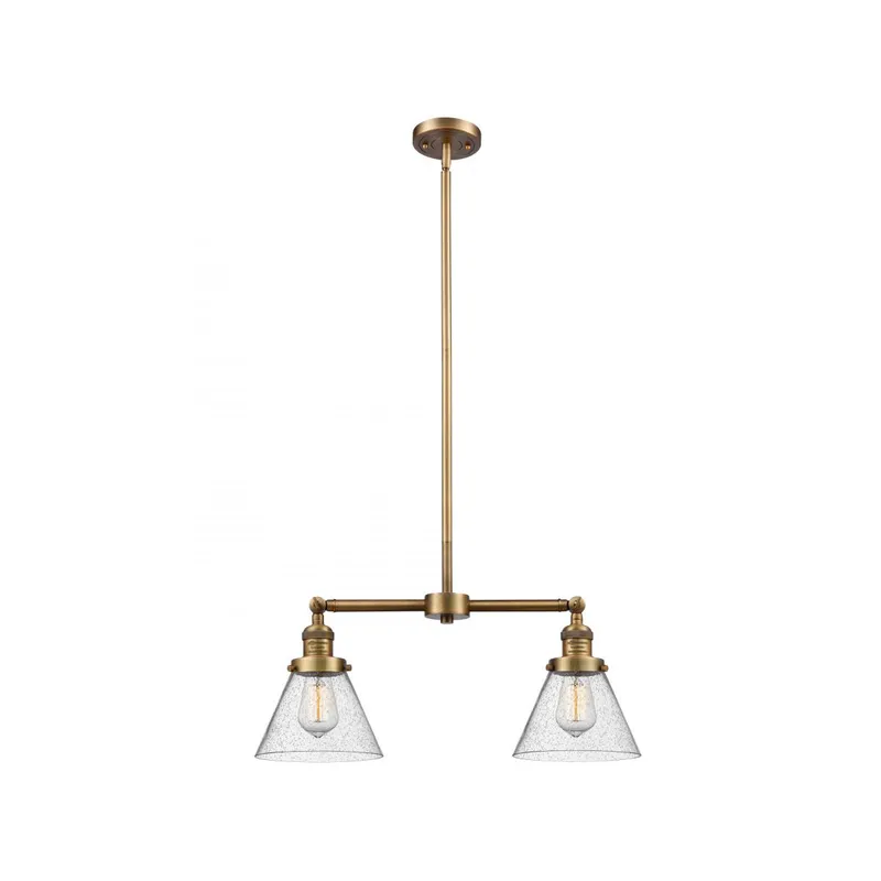 Franklin Restoration Large Cone 2 Light 43 inch Brushed Brass Island Light Ceiling Light in Seedy Glass, Franklin Restoration
