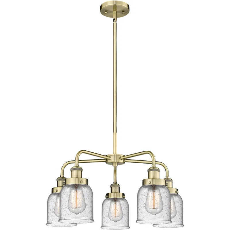 Bell 5 Light 23 inch Antique Brass Chandelier Ceiling Light in Seedy Glass