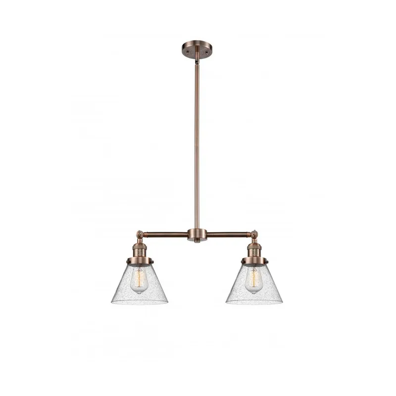 Franklin Restoration Large Cone 2 Light 21 inch Antique Copper Chandelier Ceiling Light in Seedy Glass, Franklin Restoration