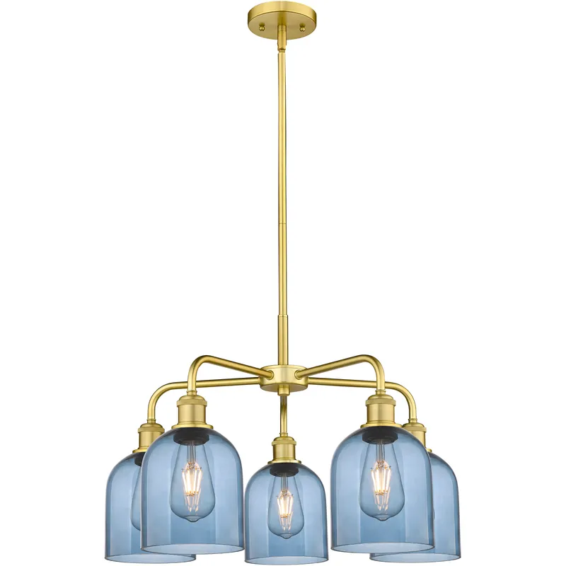 Ballston Bella 5 Light 23.5 inch Satin Gold Stem Hung Chandelier Ceiling Light in Princess Blue Glass