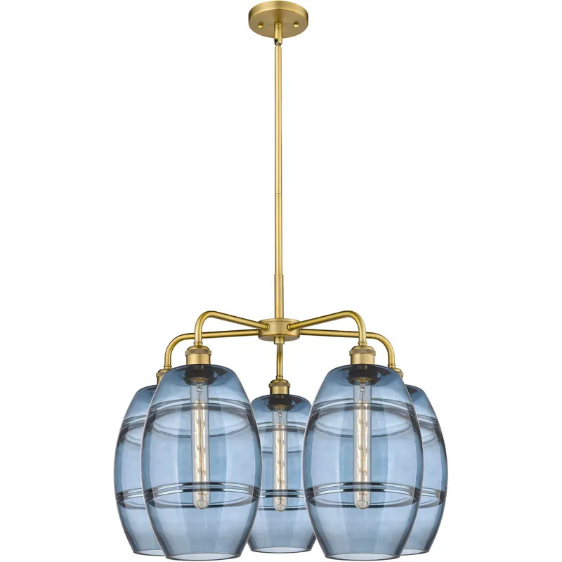 Ballston Vaz 5 Light 26 inch Brushed Brass Stem Hung Chandelier Ceiling Light in Princess Blue Glass
