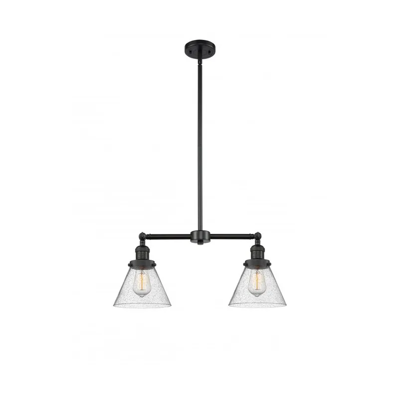 Franklin Restoration Large Cone 2 Light 21 inch Matte Black Chandelier Ceiling Light in Seedy Glass, Franklin Restoration