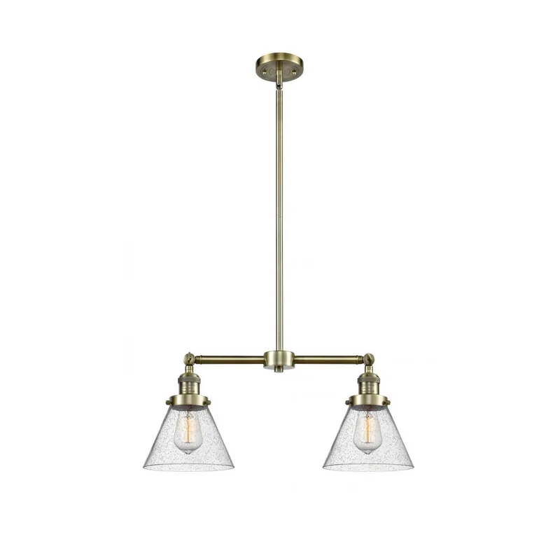 Franklin Restoration Large Cone 2 Light 21 inch Antique Brass Chandelier Ceiling Light in Seedy Glass, Franklin Restoration