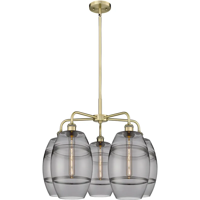 Ballston Vaz 5 Light 26 inch Antique Brass Stem Hung Chandelier Ceiling Light in Light Smoke Glass