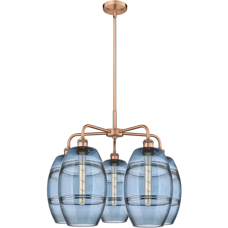 Ballston Vaz 5 Light 26 inch Antique Copper Stem Hung Chandelier Ceiling Light in Princess Blue Glass