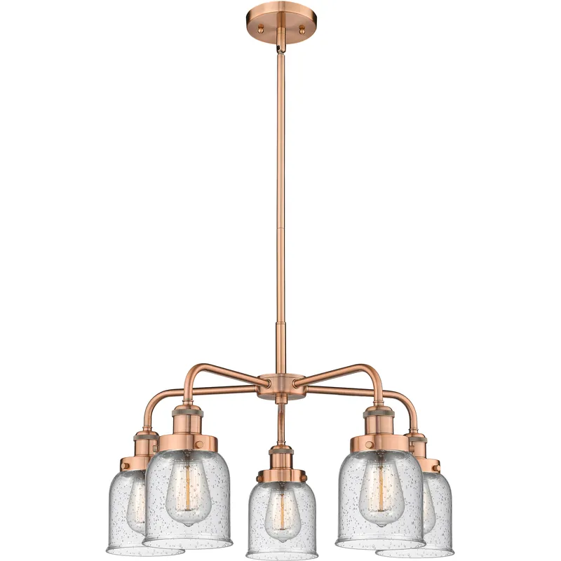 Bell 5 Light 23 inch Antique Copper Chandelier Ceiling Light in Seedy Glass