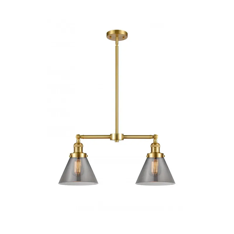 Franklin Restoration Large Cone 2 Light 21 inch Satin Gold Chandelier Ceiling Light in Plated Smoke Glass, Franklin Restoration