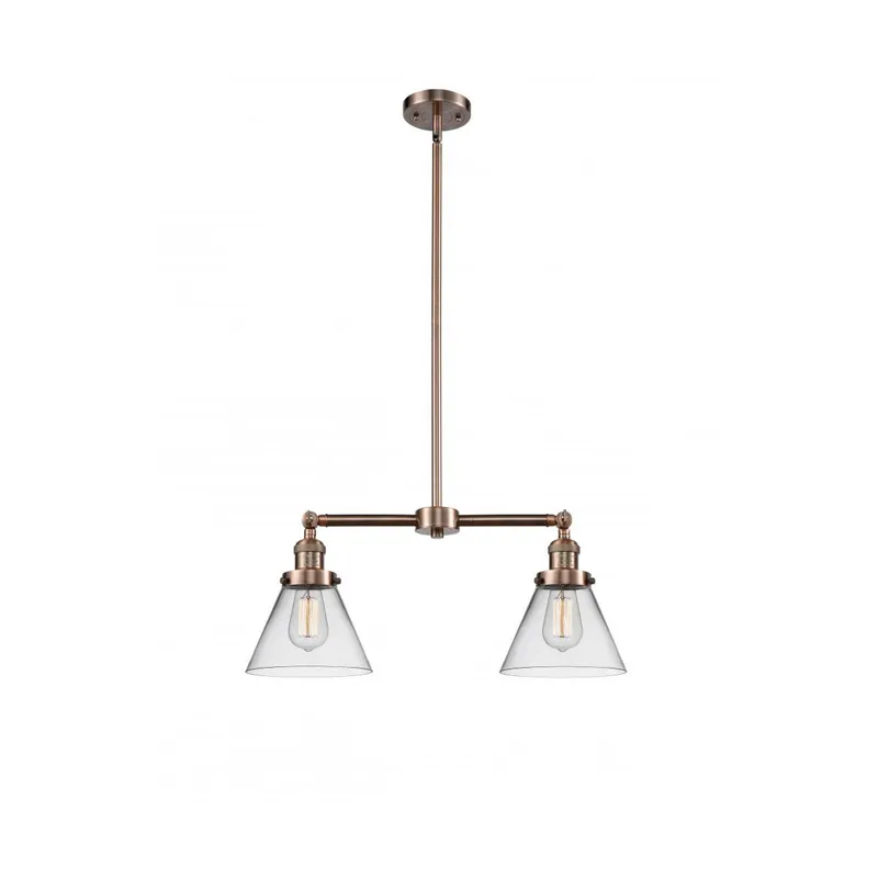 Franklin Restoration Large Cone 2 Light 21 inch Antique Copper Chandelier Ceiling Light in Clear Glass, Franklin Restoration