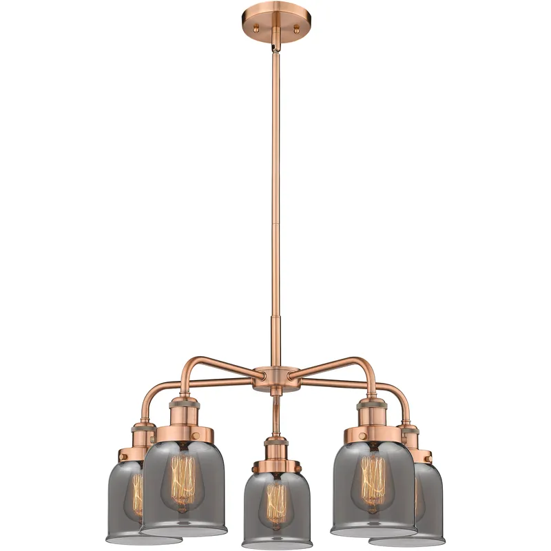 Bell 5 Light 23 inch Antique Copper Chandelier Ceiling Light in Light Smoke Glass