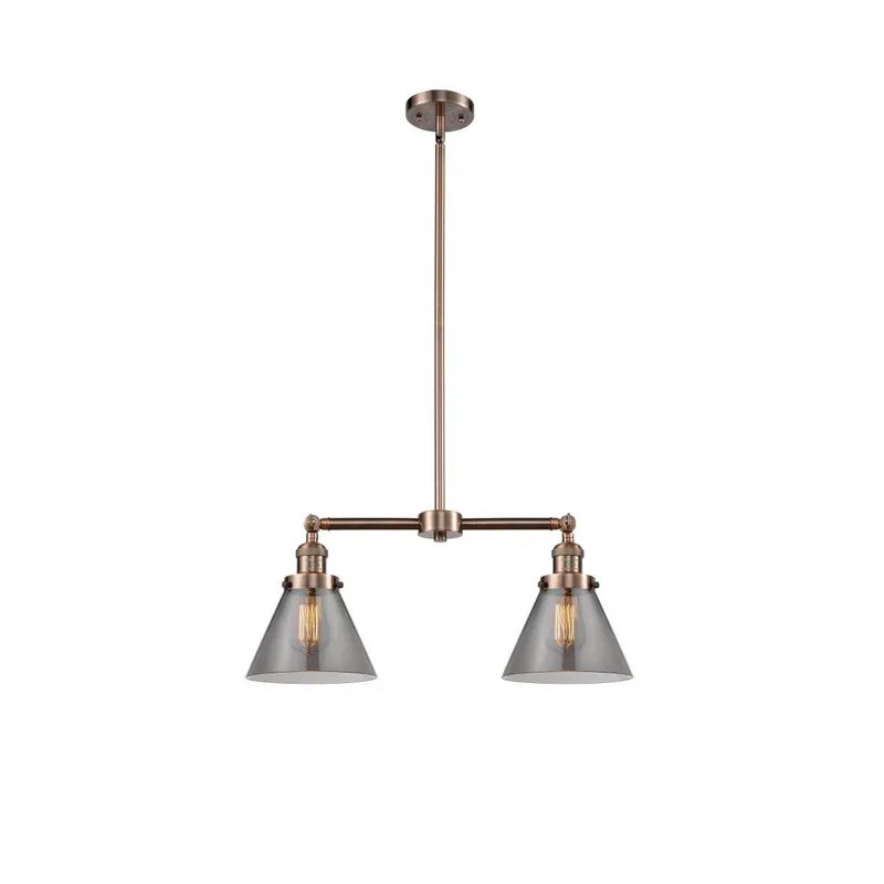 Franklin Restoration Large Cone 2 Light 21 inch Antique Copper Chandelier Ceiling Light in Plated Smoke Glass, Franklin Restoration