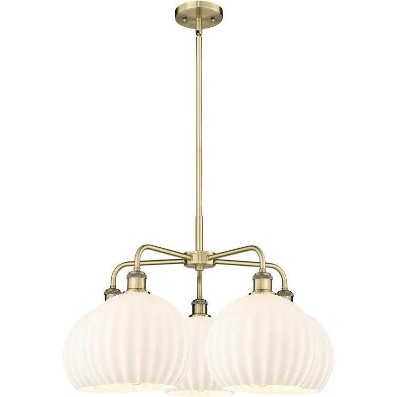 Ballston White Venetian 5 Light 28 inch Antique Brass Stem Hung Chandelier Ceiling Light
