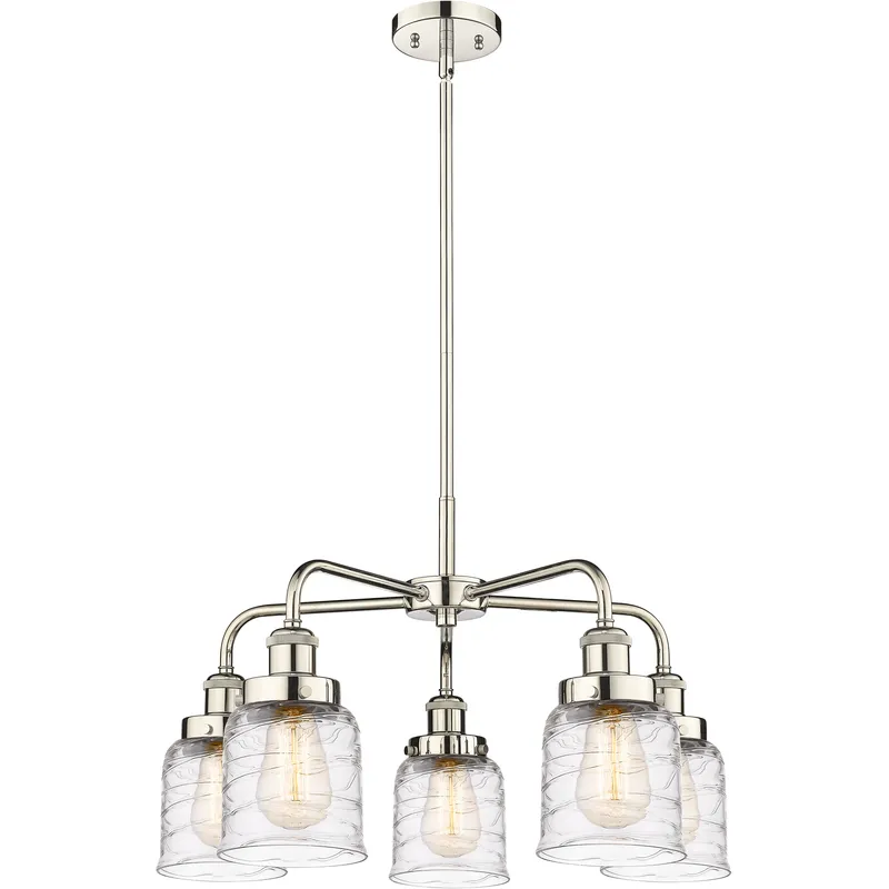 Bell 5 Light 23 inch Polished Nickel Chandelier Ceiling Light in Clear Deco Swirl Glass