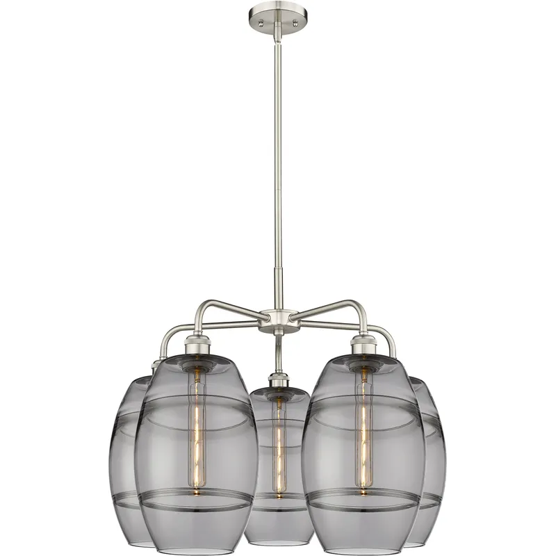 Ballston Vaz 5 Light 26 inch Satin Nickel Stem Hung Chandelier Ceiling Light in Light Smoke Glass