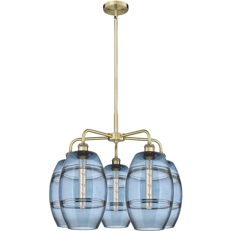 Ballston Vaz 5 Light 26 inch Antique Brass Stem Hung Chandelier Ceiling Light in Princess Blue Glass
