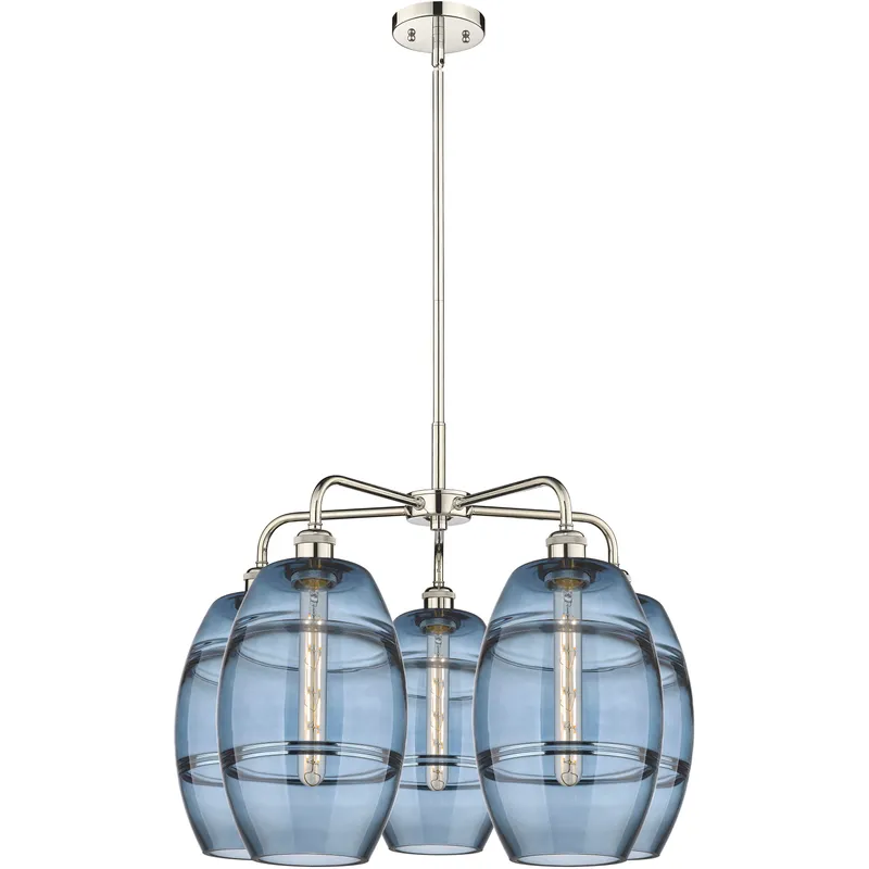 Ballston Vaz 5 Light 26 inch Polished Nickel Stem Hung Chandelier Ceiling Light in Princess Blue Glass