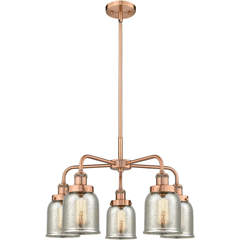 Bell 5 Light 23 inch Antique Copper Chandelier Ceiling Light in Silver Plated Mercury Glass