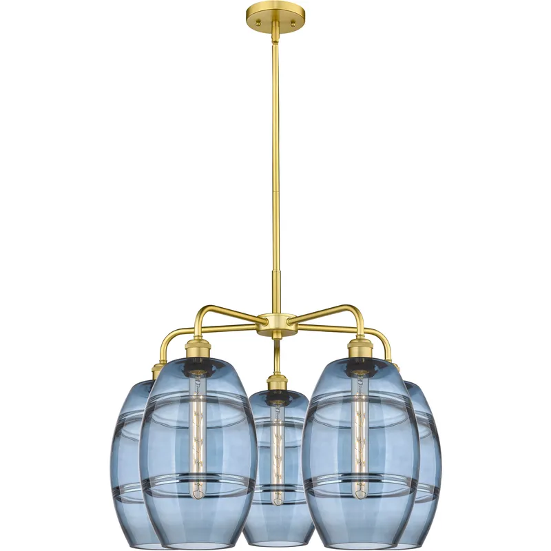 Ballston Vaz 5 Light 26 inch Satin Gold Stem Hung Chandelier Ceiling Light in Princess Blue Glass