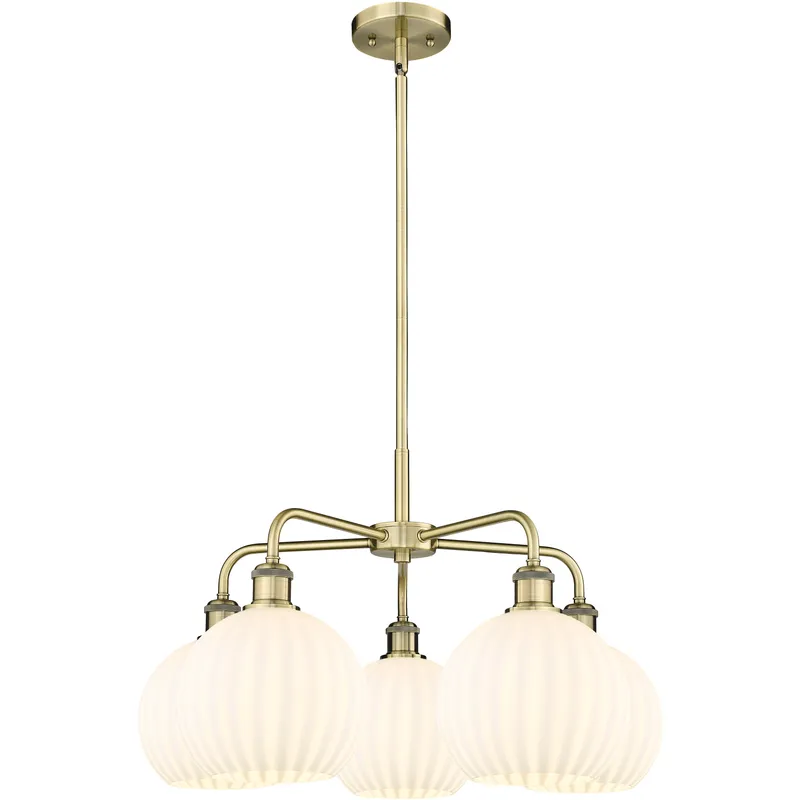 Ballston White Venetian 5 Light 26 inch Antique Brass Stem Hung Chandelier Ceiling Light