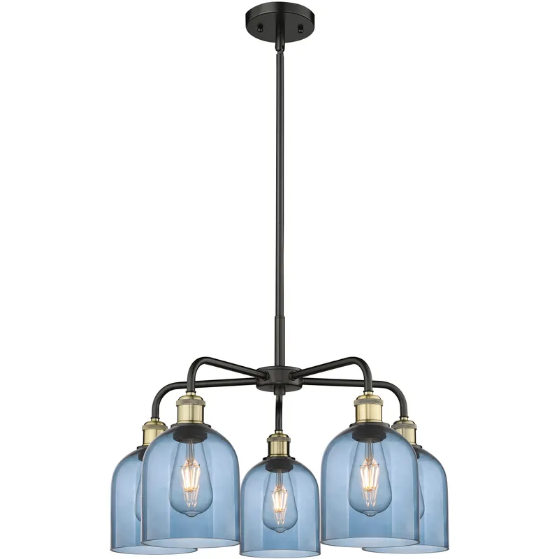 Ballston Bella 5 Light 23.5 inch Black Antique Brass Stem Hung Chandelier Ceiling Light in Princess Blue Glass