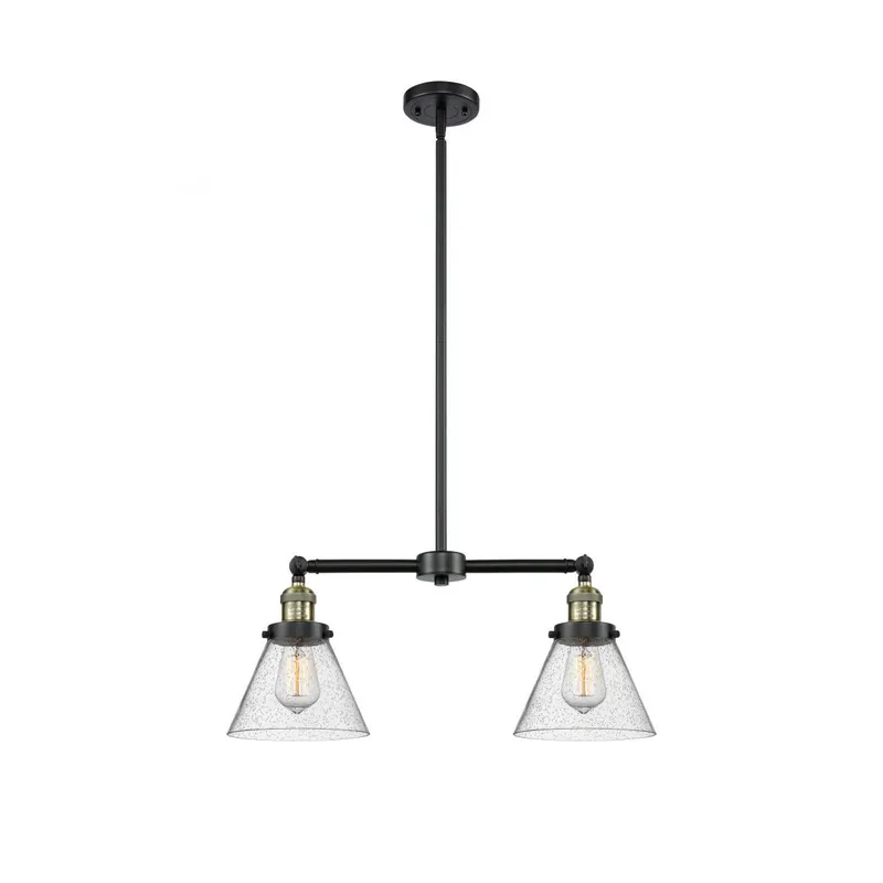 Franklin Restoration Large Cone 2 Light 21 inch Black Antique Brass Chandelier Ceiling Light in Seedy Glass, Franklin Restoration