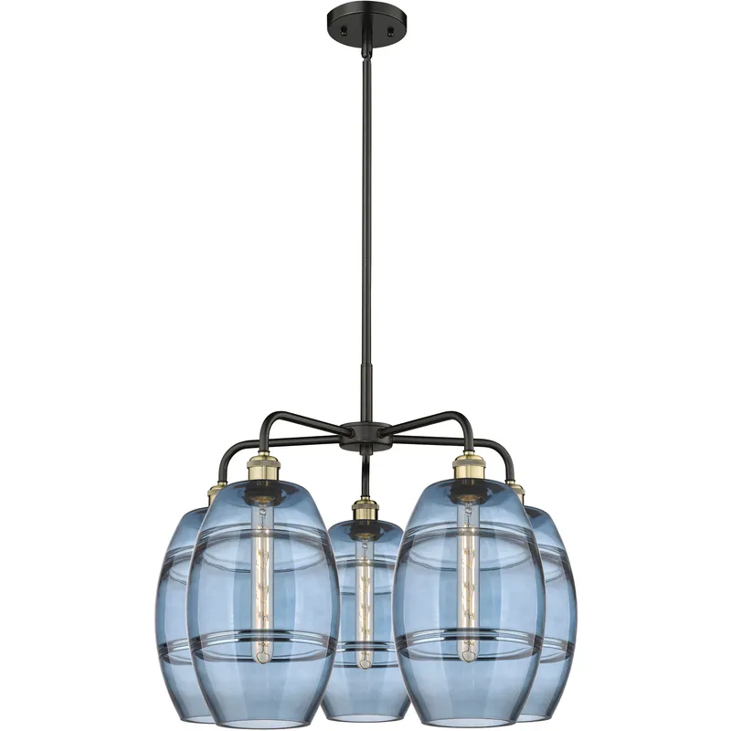 Ballston Vaz 5 Light 26 inch Black Antique Brass Stem Hung Chandelier Ceiling Light in Princess Blue Glass