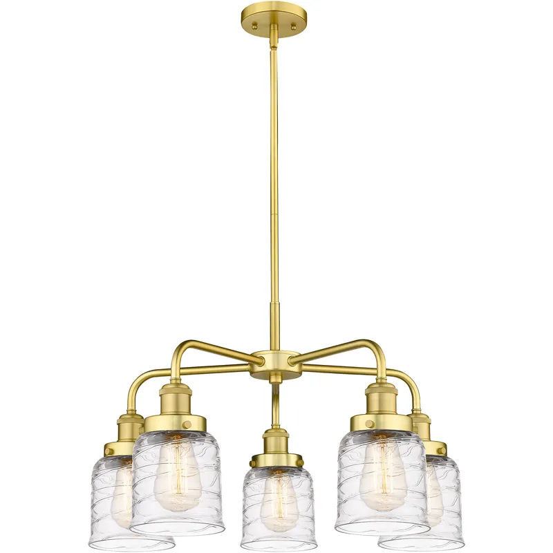 Bell 5 Light 23 inch Satin Gold Chandelier Ceiling Light in Clear Deco Swirl Glass