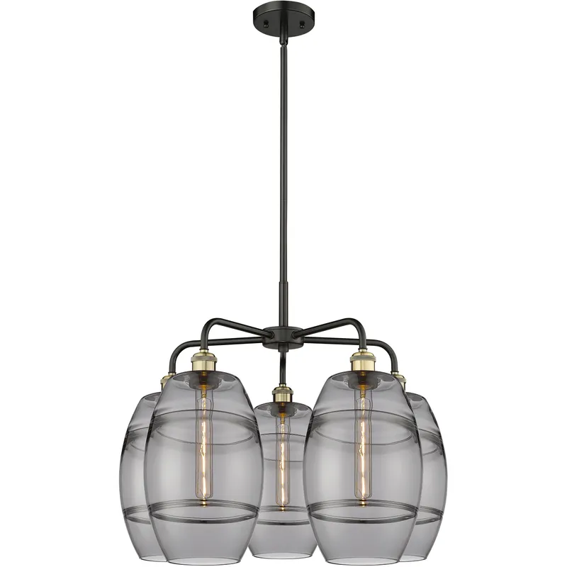 Ballston Vaz 5 Light 26 inch Black Antique Brass Stem Hung Chandelier Ceiling Light in Light Smoke Glass