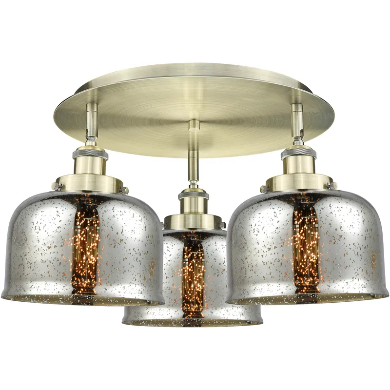 Bell 3 Light 19.75 inch Antique Brass Flush Mount Ceiling Light in Silver Plated Mercury