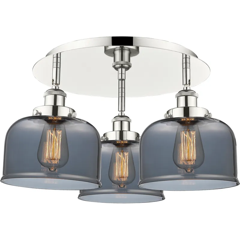 Bell 3 Light 19.75 inch Polished Nickel Flush Mount Ceiling Light in Light Smoke Glass