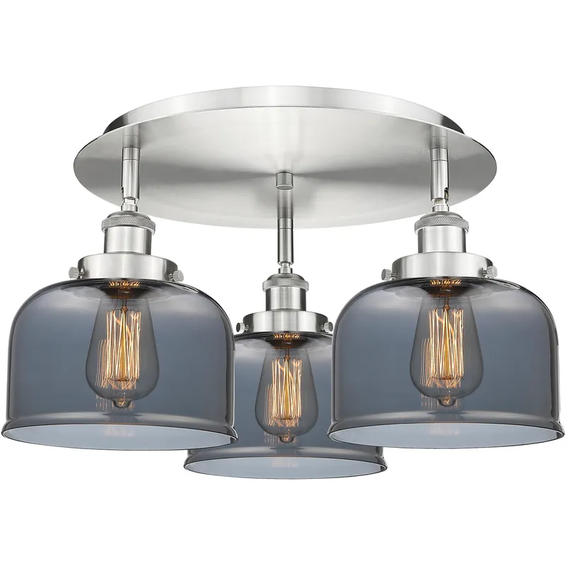 Bell 3 Light 19.75 inch Satin Nickel Flush Mount Ceiling Light in Light Smoke Glass