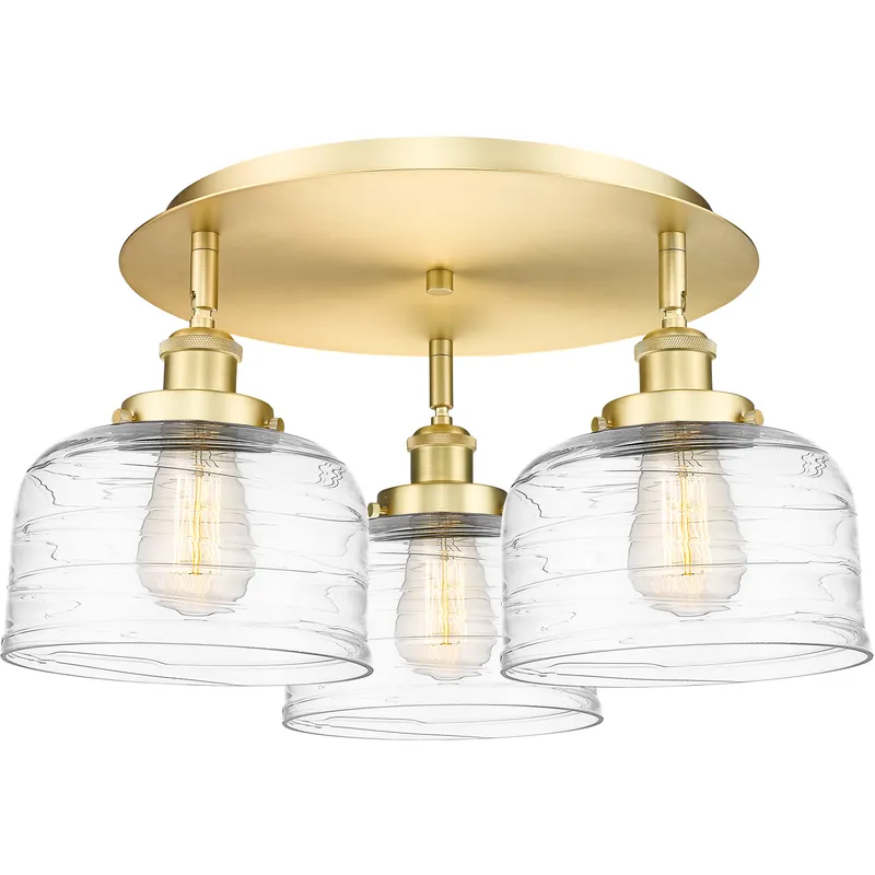 Bell 3 Light 19.75 inch Satin Gold Flush Mount Ceiling Light in Clear Deco Swirl
