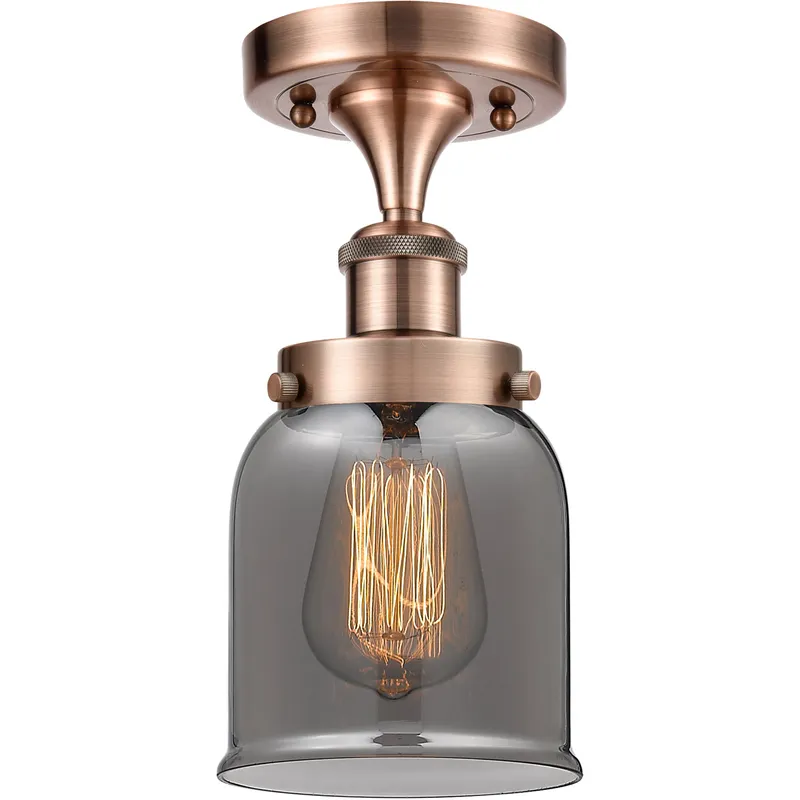 Ballston Small Bell LED 5 inch Antique Copper Semi-Flush Mount Ceiling Light in Light Smoke Glass