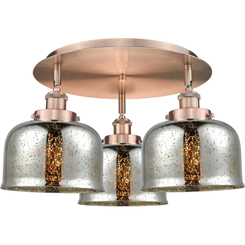 Bell 3 Light 19.75 inch Antique Copper Flush Mount Ceiling Light in Silver Plated Mercury