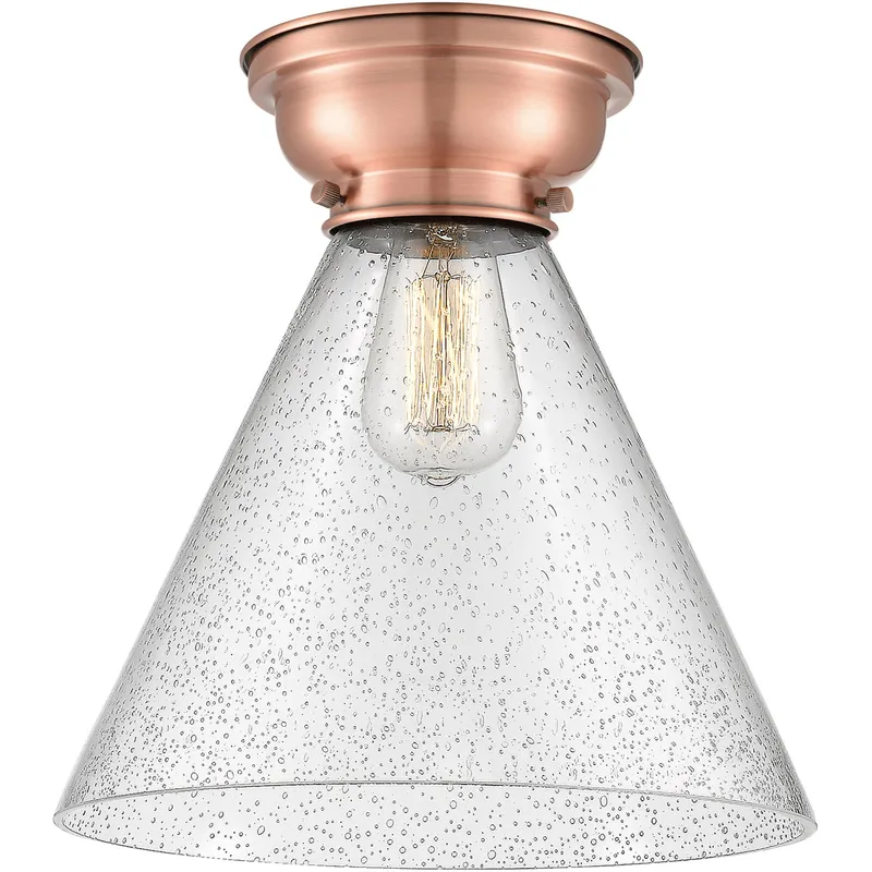Aditi X-Large Cone LED 12 inch Antique Copper Flush Mount Ceiling Light in Seedy Glass, Aditi