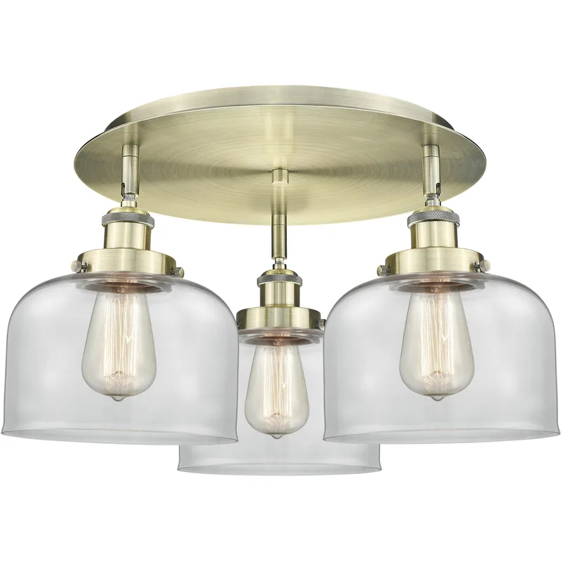 Bell 3 Light 19.75 inch Antique Brass Flush Mount Ceiling Light in Clear