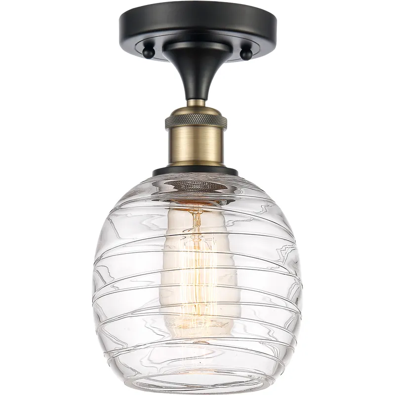 Belfast 1 Light 6 inch Black Antique Brass Flush Mount Ceiling Light in Deco Swirl Glass, 2.5 lb