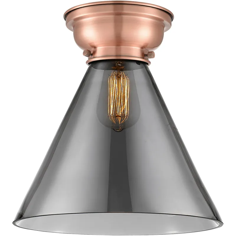 Aditi X-Large Cone LED 12 inch Antique Copper Flush Mount Ceiling Light in Plated Smoke Glass, Aditi