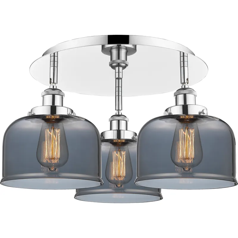 Bell 3 Light 19.75 inch Polished Chrome Flush Mount Ceiling Light in Light Smoke Glass
