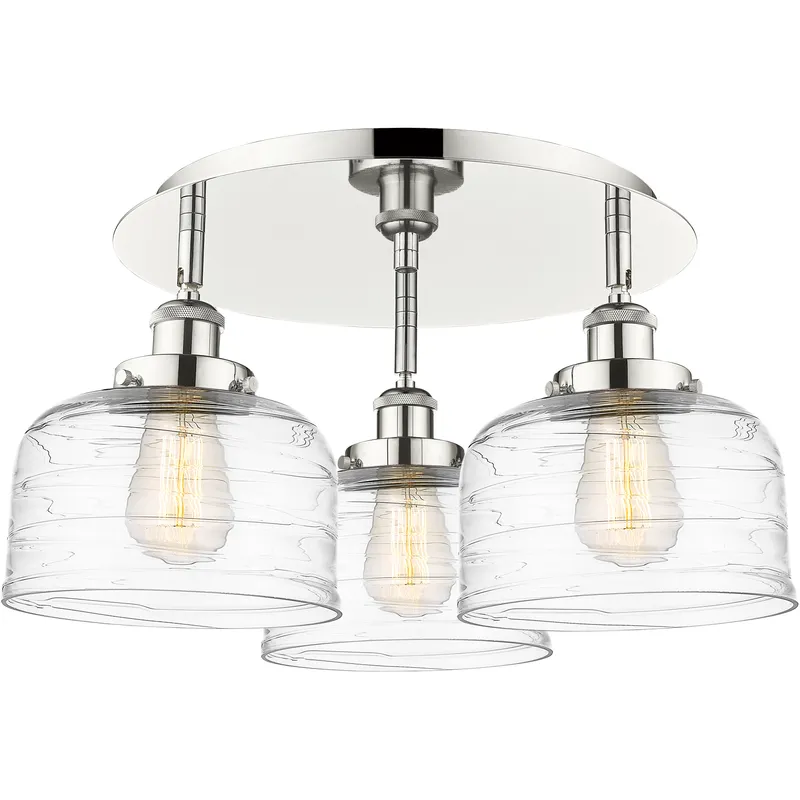 Bell 3 Light 19.75 inch Polished Nickel Flush Mount Ceiling Light in Clear Deco Swirl