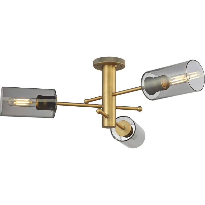 Crown Point 3 Light 29.38 inch Brushed Brass Flush Mount Ceiling Light in Light Smoke Glass