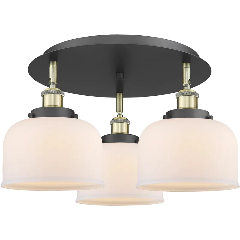 Bell 3 Light 19.75 inch Black Antique Brass Flush Mount Ceiling Light in Matte White