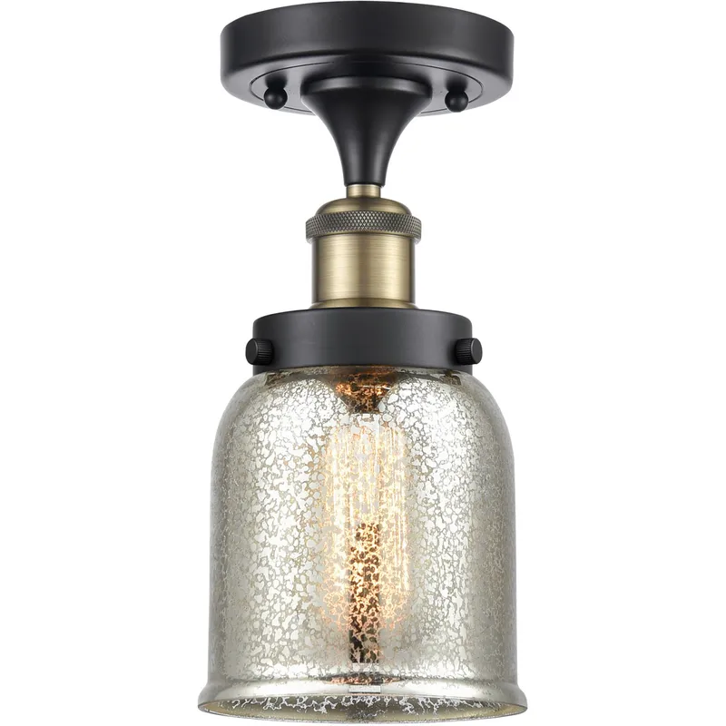 Ballston Bell LED 5 inch Black Antique Brass Semi-Flush Mount Ceiling Light in Silver Plated Mercury Glass, Small Bell