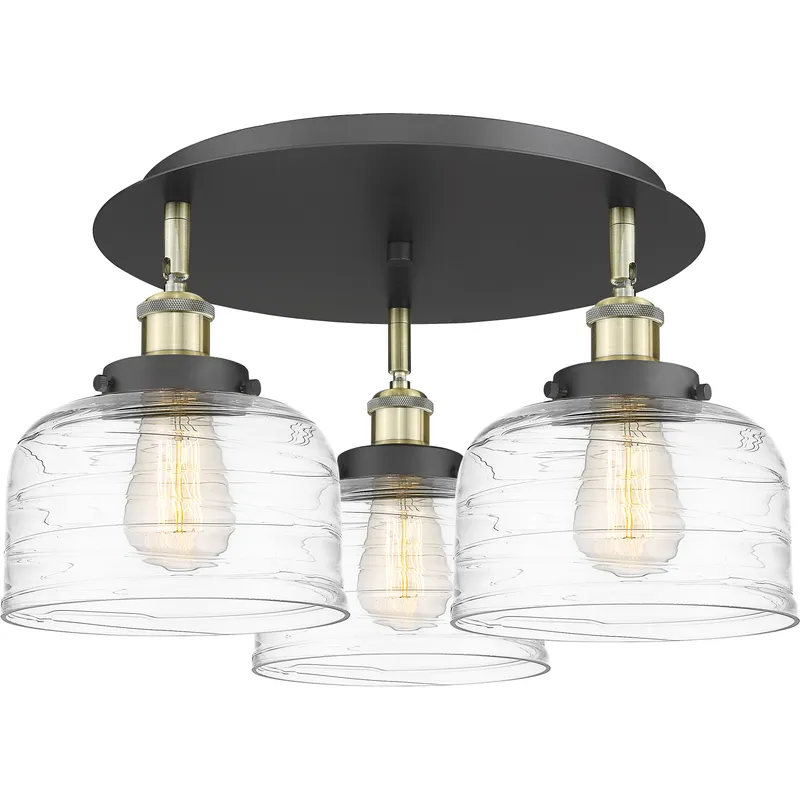 Bell 3 Light 19.75 inch Black Antique Brass Flush Mount Ceiling Light in Clear Deco Swirl