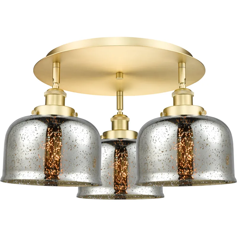 Bell 3 Light 19.75 inch Satin Gold Flush Mount Ceiling Light in Silver Plated Mercury